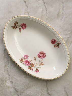 Vintage Johnson Brothers Old English Gravy Boat Underplate Pink Roses Gold Rim